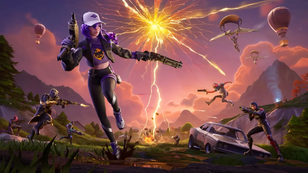 Fortnite gameplay showing Spider-Man Web Shooters in action