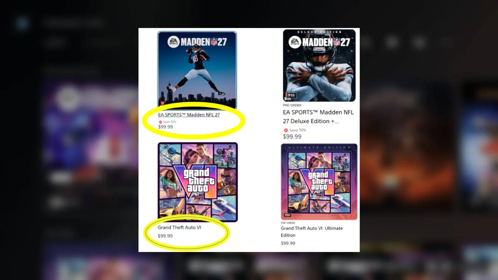 PlayStation Store interface showing game listings