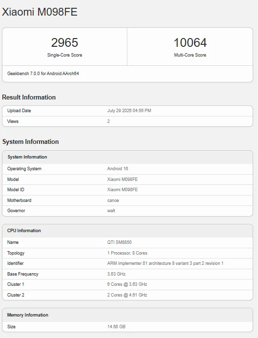 Redmi K100 Pro benchmark listing on Geekbench