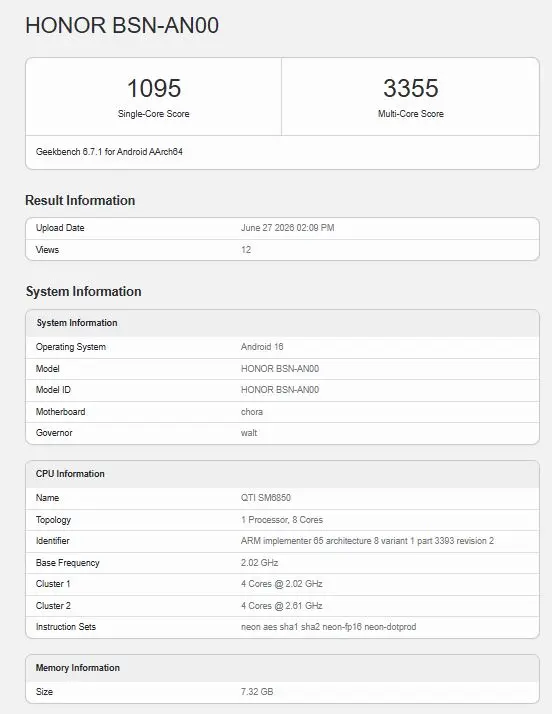 Honor X80 Pro Max device running Snapdragon 6 Gen 5 benchmarks