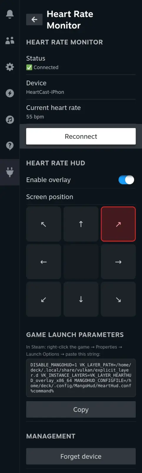 Steam Deck screen displaying heart rate data