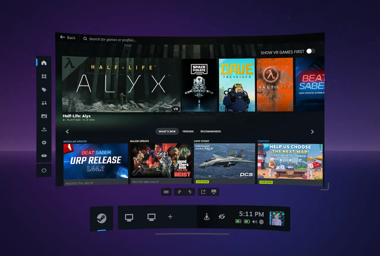 SteamVR Beta interface showing the Quick Access Menu
