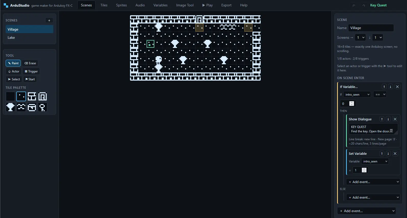 ArduStudio interface showing drag-and-drop game design