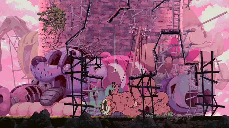 Bye Bye Bonnie gameplay screenshot showing a giant talking skull in a dystopian wasteland