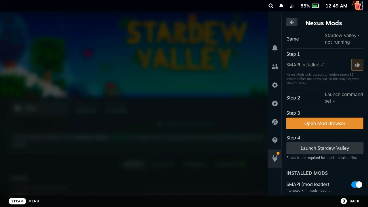 Steam Deck screen showing the Decky-nexus plugin interface