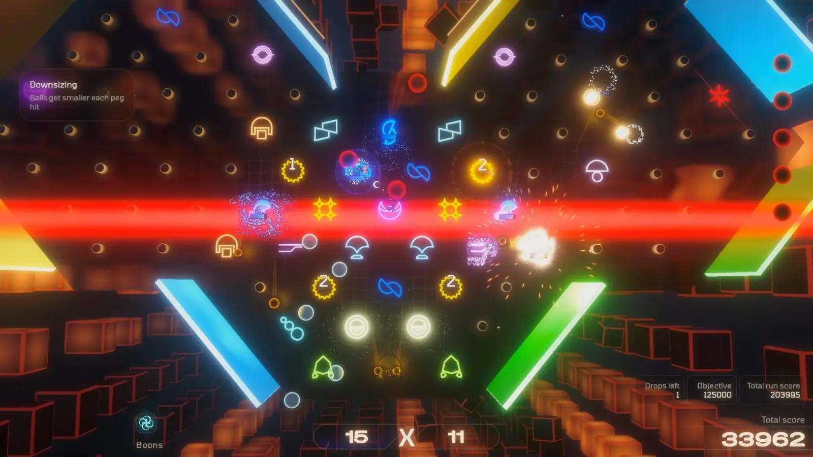 HYPERDROP: A Pachinko Roguelite gameplay screenshot showing pachinko physics