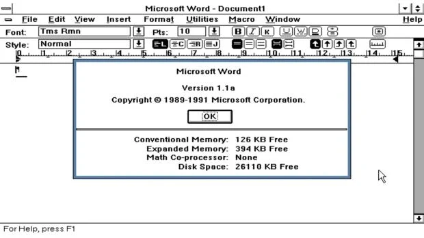 Microsoft Word 1.1a interface on Windows 11