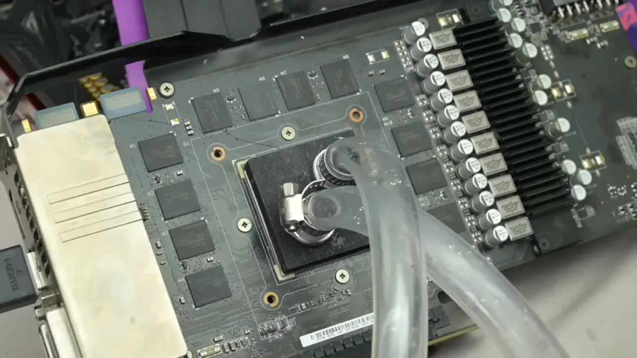 NVIDIA RTX 2060 Super GPU with custom direct water cooling block installed
