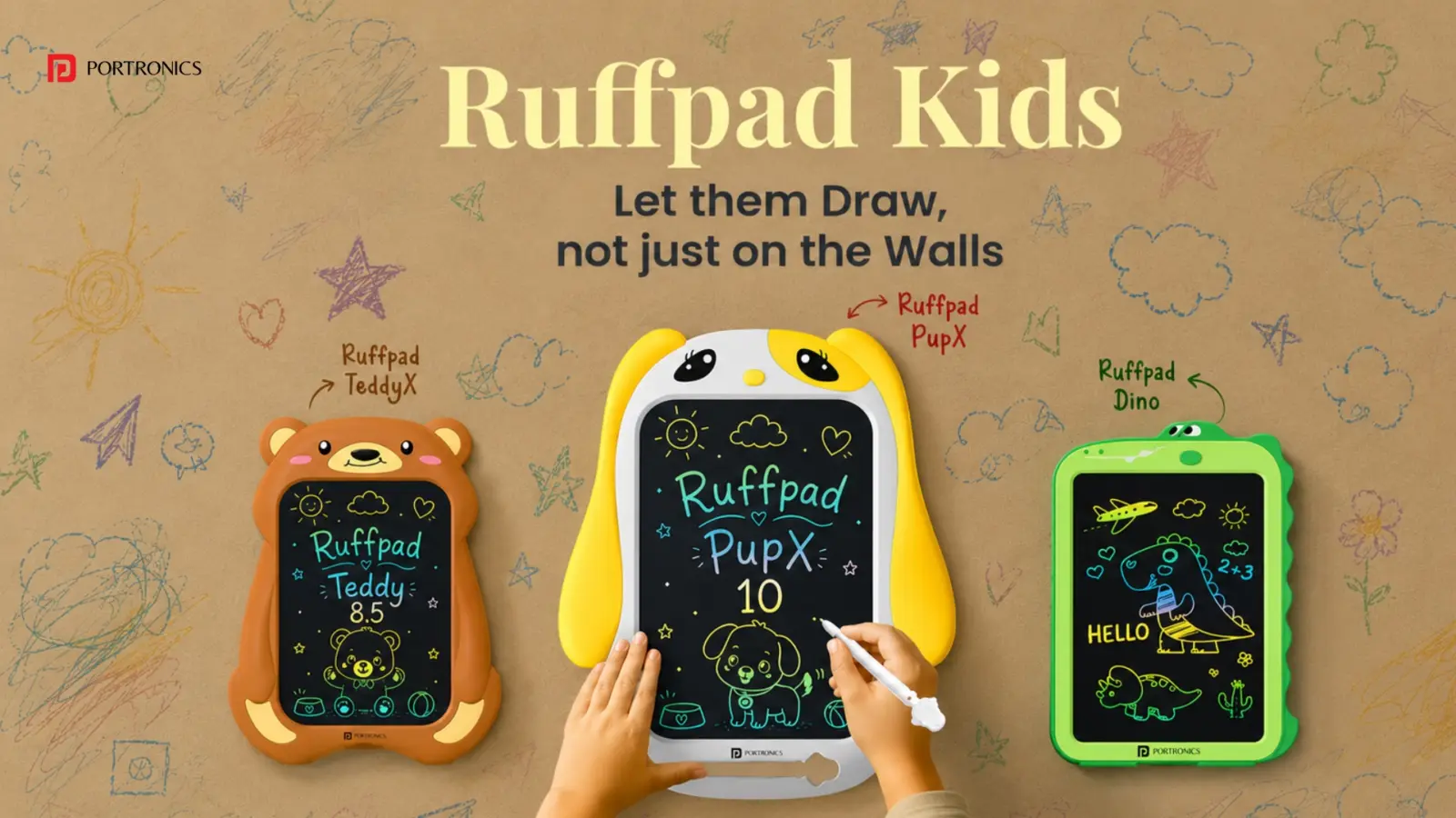 Portronics Ruffpad LCD writing pads in dinosaur, bear, and puppy designs