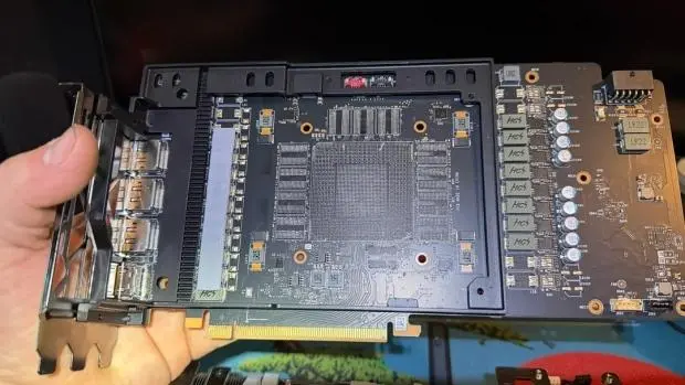 Stripped MSI GeForce RTX 4080 PCB missing GPU die and VRAM chips