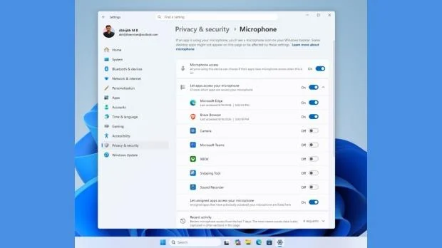 Windows 11 Privacy & security settings interface showing app permission dropdowns
