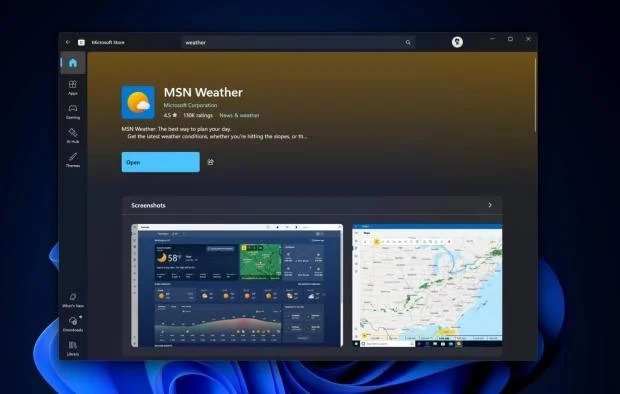 Windows 11 Weather app interface showing high RAM usage in Task Manager