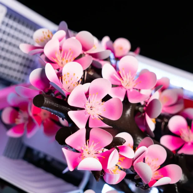 AFTERSHOCK Cherry Bloom gaming PC with titanium cherry blossoms
