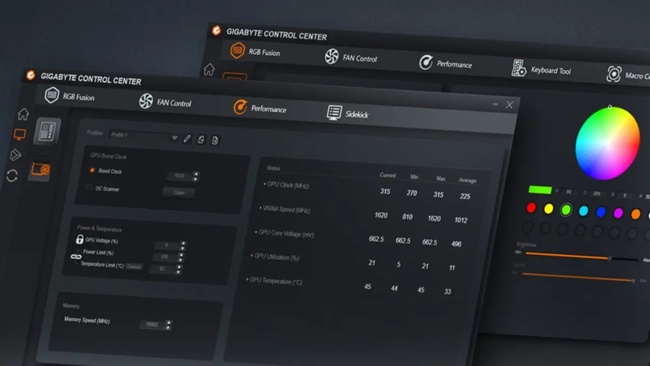 GIGABYTE motherboard with Control Center software interface