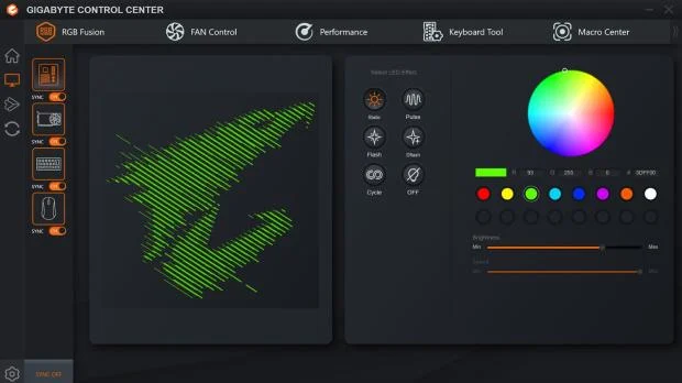 GIGABYTE motherboard with Control Center software interface