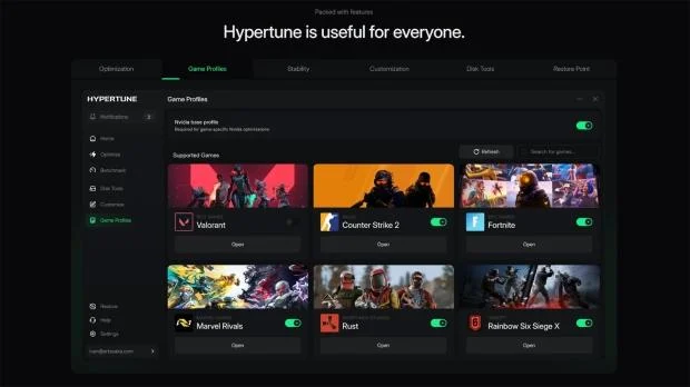 Hypertune software interface on a PC screen