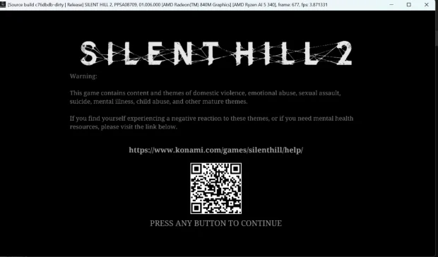 Silent Hill 2 Remake content warning screen running on KytyPlus emulator