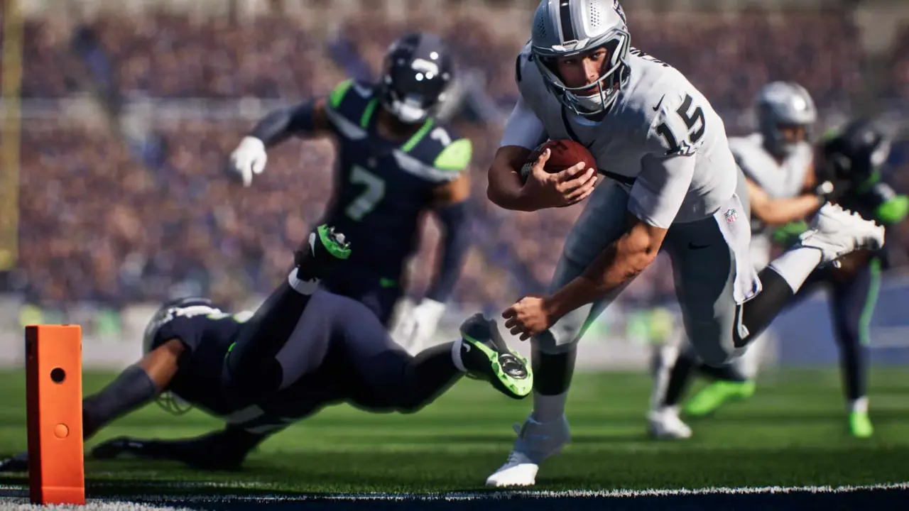 Madden NFL 27 gameplay screenshot showing football action