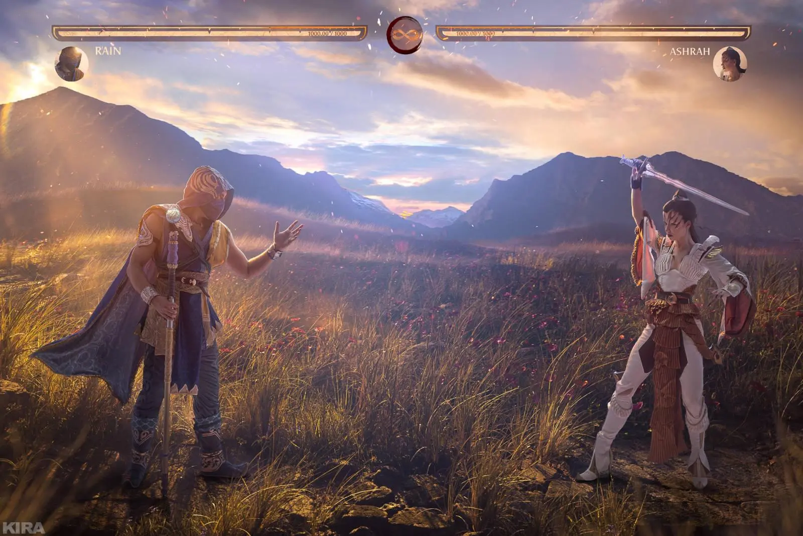 Cosplayers recreate a battle between Ashrah and Rain from Mortal Kombat 1