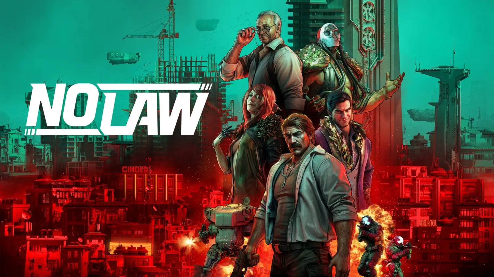 No Law game screenshot showing industrial cybergrunge city environment