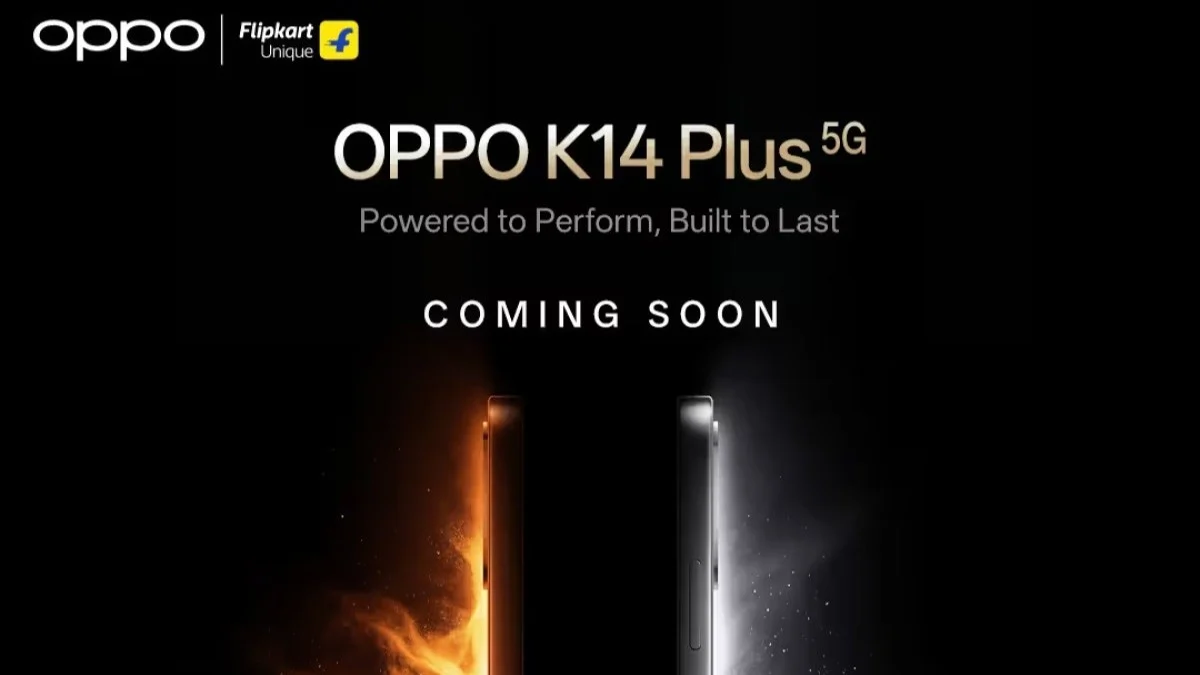 Oppo K14 Plus 5G teaser image showing flat frame design