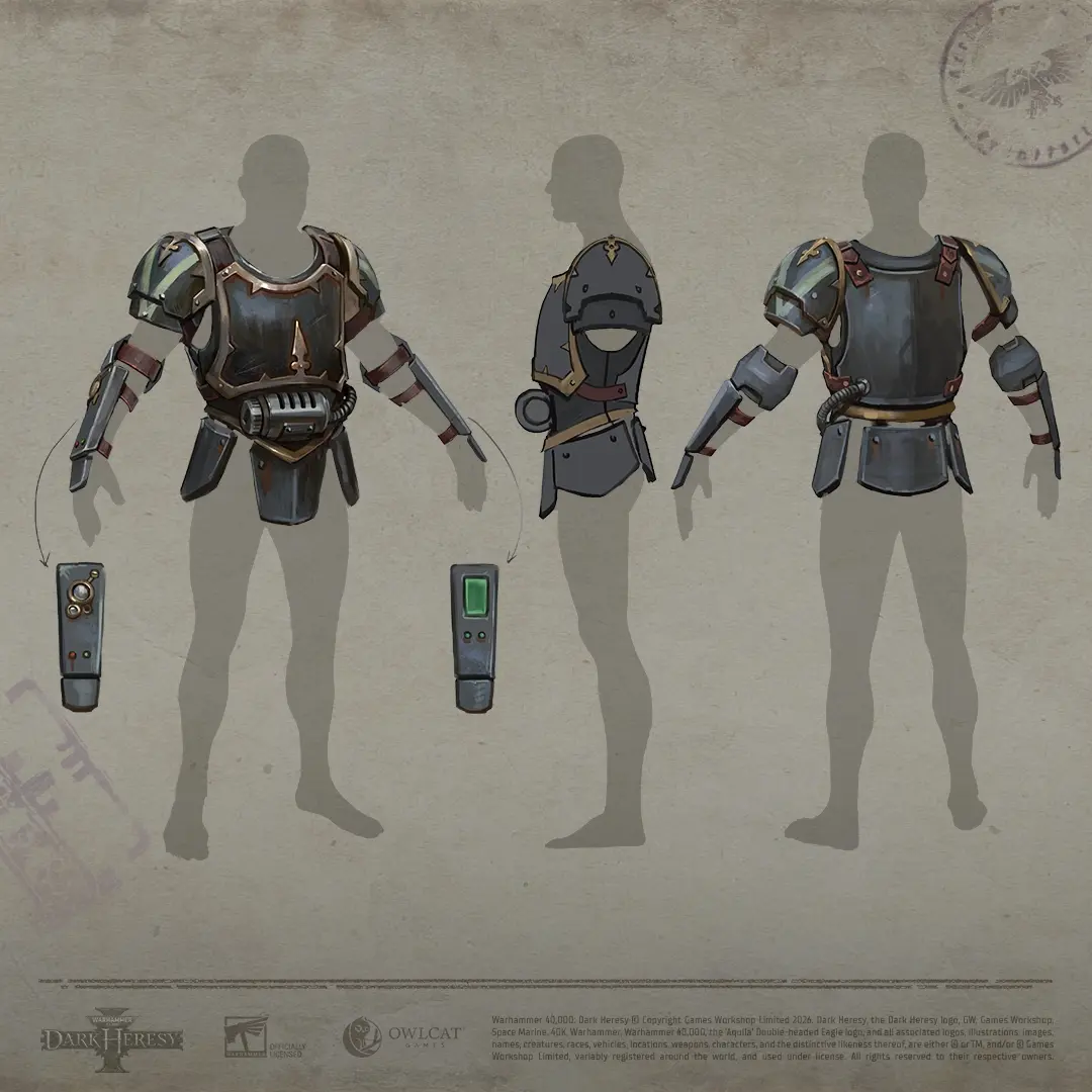 Concept art for Warhammer 40,000: Dark Heresy showing Inquisition and Astra Militarum gear