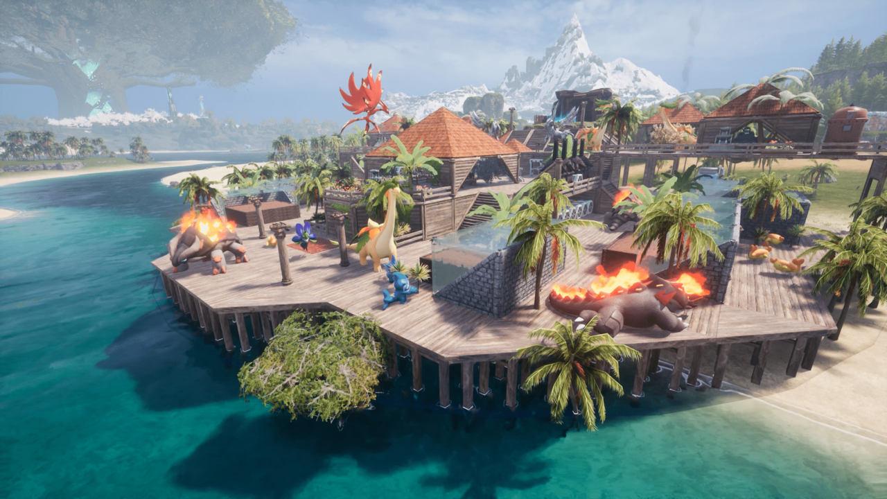 Palworld gameplay scene showing terrain and structures