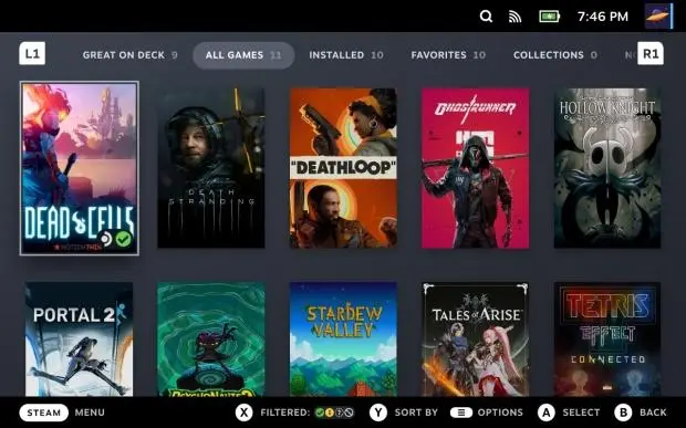 Steam Deck handheld gaming device displaying game library