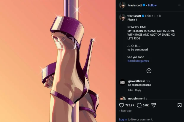 Travis Scott Instagram post featuring Grand Theft Auto VI art style