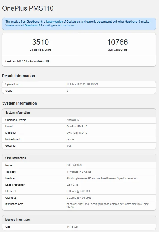 Alleged OnePlus Ace 7 Geekbench listing