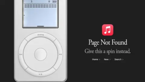 Apple Music 404 page features playable first-generation iPod replica for 25th anniversary
