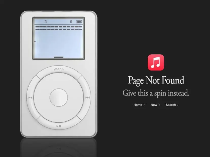 Apple Music 404 page features playable first-generation iPod replica for 25th anniversary