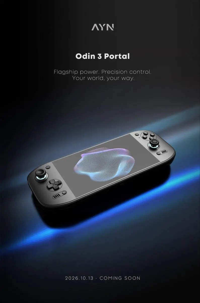 First image of the AYN Odin 3 Portal handheld console showing its rounded ergonomic design