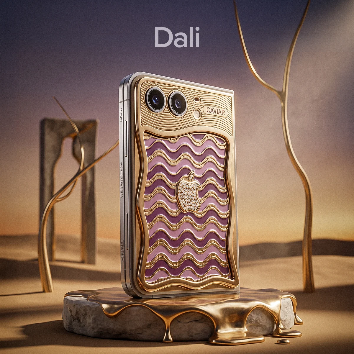 Close up of Caviar iPhone Duo Dali with gold and diamonds