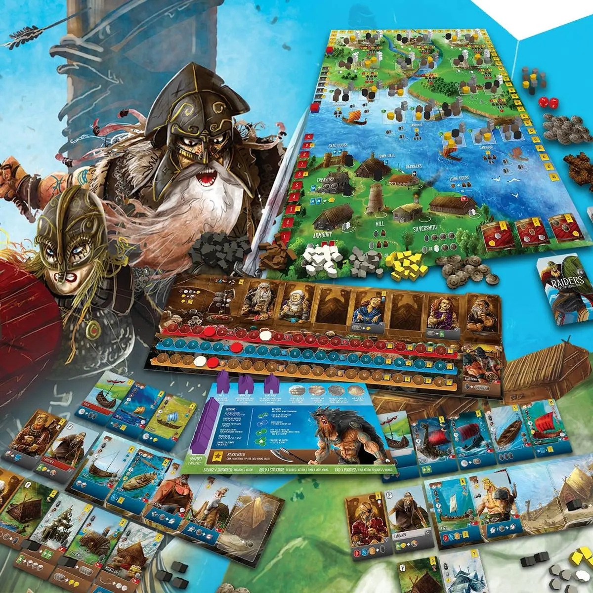 Viking-themed board game boxes from the North Sea trilogy