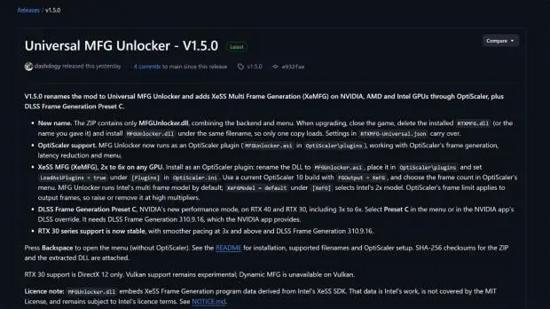 NVIDIA MFG Unlocker software interface showing update details
