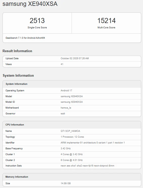 Samsung XE940XSA laptop benchmark listing