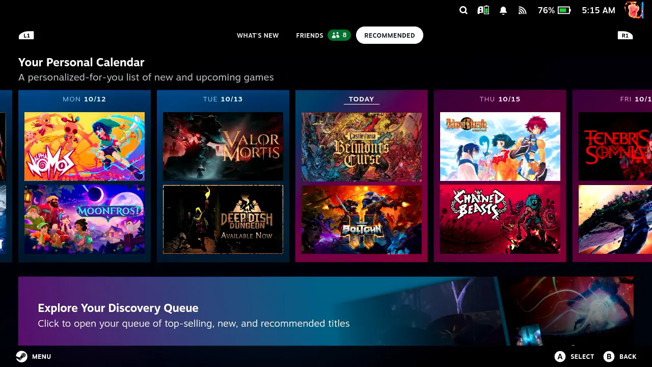 Steam Deck home screen displaying game art