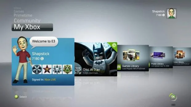 Xbox 360 Blades dashboard interface running in a web browser