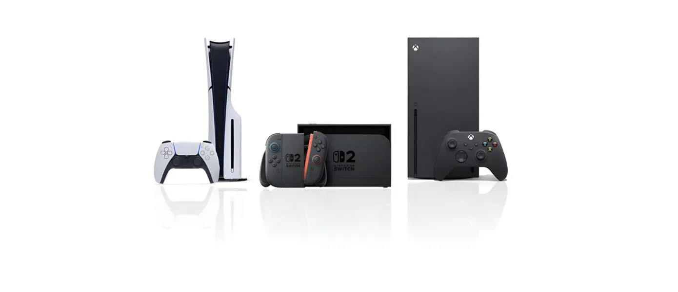 Gaming consoles on a store shelf
